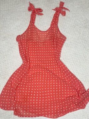 Vtg womens Coral Polka Dot bow Tie-Shoulder slip dress M